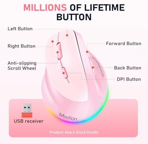 MEETION Left-Handed Wireless Ergonomic Vertical Mouse, Rechargeable - Pink - Image 6