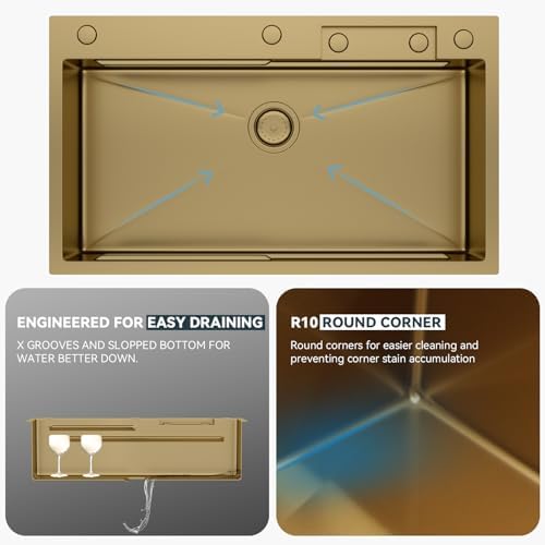 Lordear Waterfall Sink 33 Inch Gold Drop In Kitchen Sink Single Bowl - Image 6