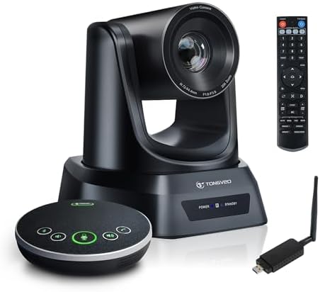 TONGVEO Wireless AI PTZ 20X Camera System with Auto Tracking Built-in Receiver & Bluetooth Speakerphone, 5.8GHz 1080P 60fps Conference Camera for Church Zoom, OBS Meetings by TONGVEO