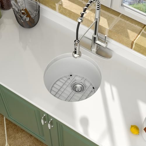 Logmey 18" Round Bar Sink White Granite Composite Quartz Undermount RV Sink Single Bowl Under Counter 9" Deep Kitchen Sinks,18x18x9 Inch - Image 2