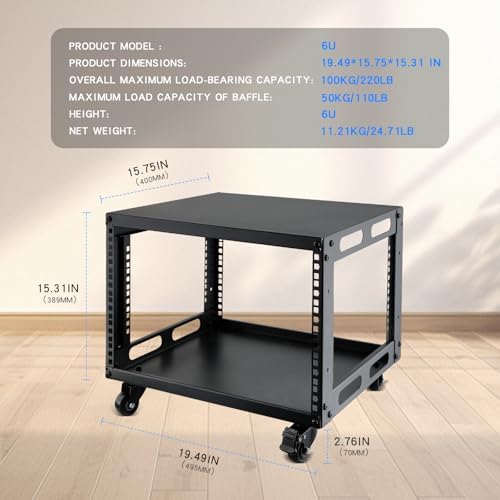 6U Open Frame Server Rack with Wheels Free Standing Network Server Rack for Servers & AV Gear Black - Image 3