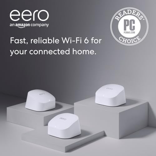 Amazon eero 6 mesh wifi system - Supports internet plans up to 500 Mbps, Coverage up to 4,500 sq. ft., Connect 75+ devices, 3-pack (1 router + 2 extenders) by Unknown