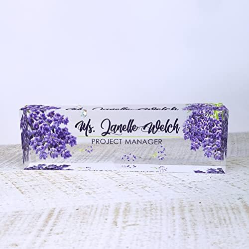 Artblox Personalized Name Plate for Desk | Lavender Design On Clear Acrylic Glass | Custom Desk Name Plate Personalized with Your Name and Credentials for Teacher Phd Military Office Name Plate - Image 2