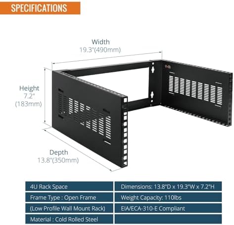 Tecmojo 4U Wall Mount Rack,4U Rack 14 inch Depth,19" Network Rack for Shallow Server and IT Equipment, Network Switches,Patch Panel Bracket,110lbs(50kg) Weight Capacity,Black (Pack of 2) - Image 2
