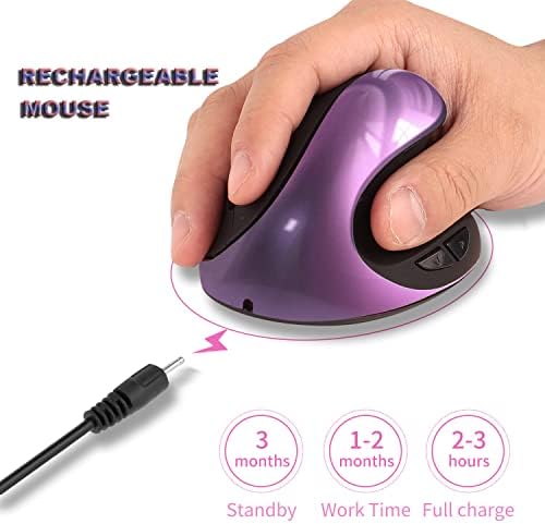 Ergonomic Mouse,Rechargeable Small Vertical Mouse with 6 Buttons Adjustable 800/1200/1600 DPI Purple Wireless Mouse for Laptop, Desktop, PC, MacBook - Image 5