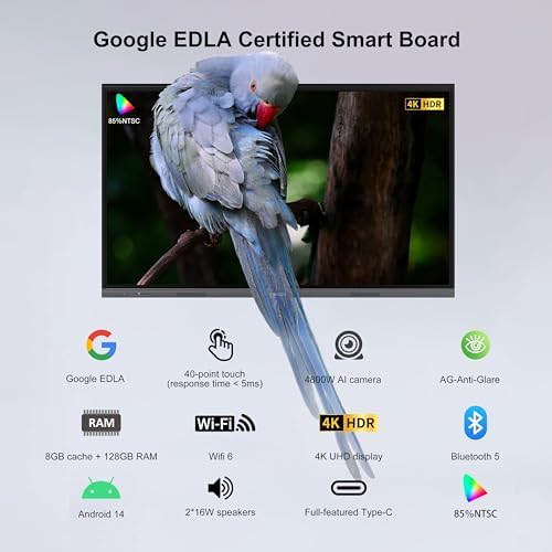 65" 4K Smart Board,Google EDLA Certified with 50MP AI Camera,40-Point Touch Digital Whiteboard,Android 14, 8+128GB,SmartBoard for Classroom Office Home（Wall Mount Included） (65 Inch) - Image 3
