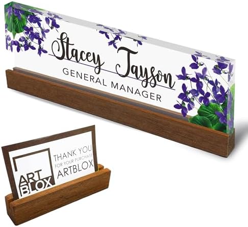 Artblox Personalized Office Desk Name Plate and Business Card Holder | Clear Acrylic Glass with Teak Wood Stand | Violets Flowers Design Customized with Your Name and Credentials Office Desk Décor by Artblox