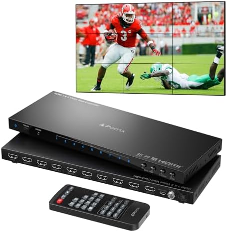 PORTTA Video Wall Controller 3x3 4K, HDMI Video Wall Processor with 19 Splicing Modes, RS232, 180° Rotate, Audio Extractor, 3x3, 3x2, 2x3, 2x2, 4x2, 2x4, 1x2, 2x1, 9 tv Screens into 1 Wall Display by PORTTA