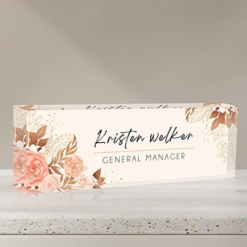 Desk Name Plate Personalized, Custom Name Plates for Desks, Office Desk Decor, Flowers Style Clear Acrylic Glass Block, Personalized Office Gifts for Women Men Boss Teachers Coworker Appreciation Gift by SalaGraphics