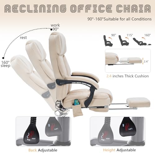 Massage Office Chair with Foot Rest 6 Points Vibration and Heat Home Office Desk Chairs for Heavy People 400lbs Reclining Managerial Chairs Ergonomic Executive Chair (Beige) - Image 6