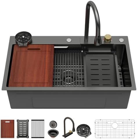 Sarlai 33 Inch Waterfall Kitchen Sink - 33x19 Black Waterfall Drop In Sink Workstation Stainless Steel 16 Gauge Sink Multifunction Single Bowl Smart Top Mount Kitchen Sinks with Faucet Combo - Image 2