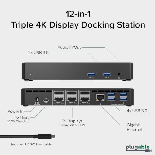 Plugable 12-in-1 USB C Triple Monitor Docking Station, 100W Charging - Image 2