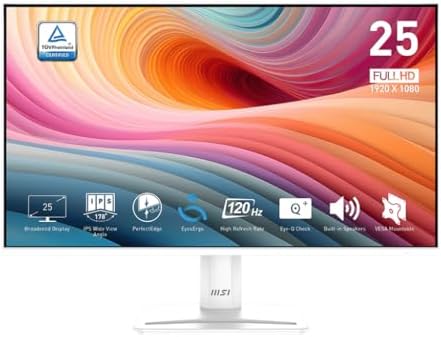 msi PRO MP251W E2 24.5-inch IPS 1920 x 1080 (FHD) Gaming Office Monitor, 120Hz, Adaptive-Synch, HDR Ready, HDMI, VGA Port, Display Port,VESA Mountable, Tilt, Speaker, 4-Side Slim Bezel,1ms, White by Unknown