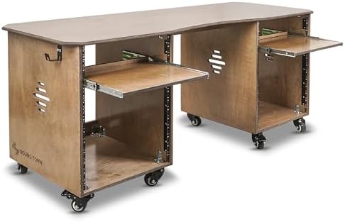Sound Town DIY Music Studio Rack Desk Workstation with 2 X 13U Side Cabinets, Two Slide-Out Trays, Casters, Plywood, Weathered Brown for Recording Room, Home Studio (SDRK-WS69) by SOUNDTOWN