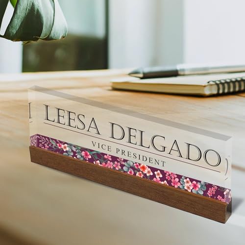 Artblox Personalized Office Desk Name Plate and Business Card Holder | Clear Acrylic Glass with Teak Wood Stand | Wild Flowers Design Customized with Your Name and Credentials Office Desk Décor - Image 2