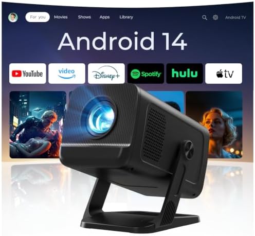 Mini Projector for Bedroom with WiFi and Bi-directional Bluetooth 1080P 4K Support Smart Android TV OS Built-in Apps Auto Keystone Compatible with Netflix, YouTube, Prime Video, Disney+ Black by WEMI