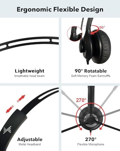 JIAMQISHI Single‑Ear USB Headset with Mic for PC,On-Ear Computer Laptop Headphones with Noise Cancelling Microphone in-line Control for Home Office Online Class (USB+3.5mm Single Ear Headset, Black) - Image 4