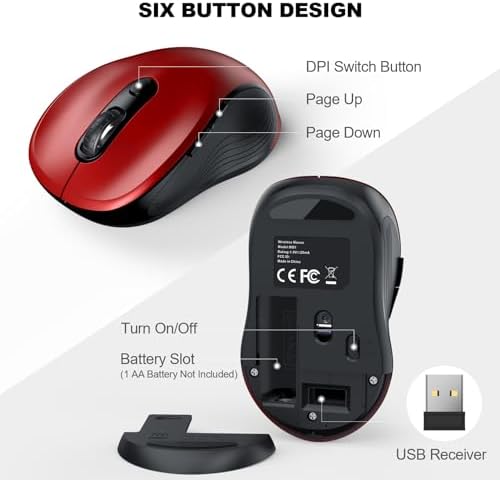 WisFox 2.4G Wireless Mouse for Laptop, Ergonomic Computer Mouse with USB Receiver and Type-C Adapter, 6 Button Cordless Mouse Wireless Mice for Windows Mac PC Notebook (Red) - Image 5