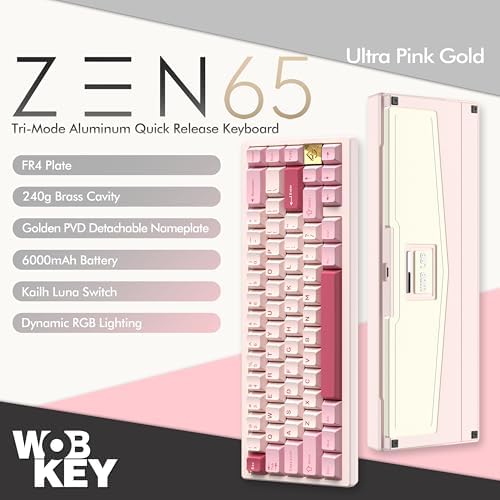 KEEBMONKEY WOBKEY Zen 65 65% Quick Release Wireless Mechanical Keyboard with RGB, CNC Aluminum Case, Hot-Swappable, VIA Support, BT/2.4G/USB-C Gaming Keyboard for Mac/Windows (Ultra Pink Gold) - Image 2