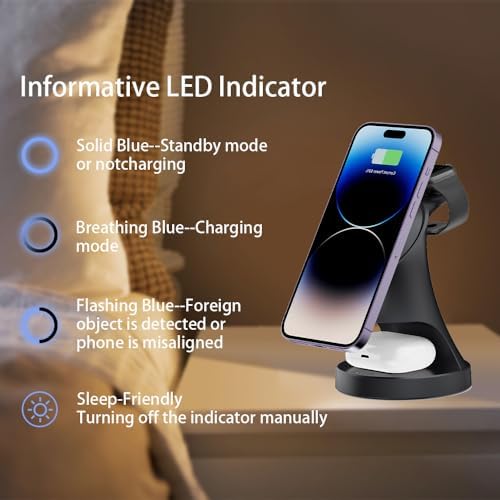 Wireless Charger,3 in 1 Magnetic Wireless Charger Stand, Fast Wireless Charging Dock for iPhone17/16/15/14/13/12 Series, Apple Watch Series, AirPods Pro. - Image 6