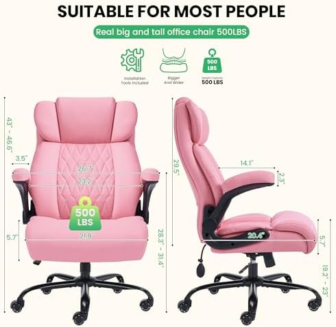 500lbs Big and Tall Office Chair Adjustable Lumbar Support for Back Pain, Extra Wide Seat Executive Office Chair Thick Armrest Pad, Heavy Duty Base&Upgraded Wheels, Ergonomic Desk Chair - Image 3