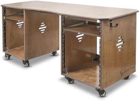 Sound Town DIY Music Studio Rack Desk Workstation with 2 X 13U Side Cabinets, Two Slide-Out Trays, Casters, Plywood, Weathered Brown for Recording Room, Home Studio (SDRK-WS69) - Image 3