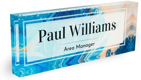 Customized Clear Acrylic Thick 8x3" Desk Name Plate Block with Personalized Logo - Professional Office Decor - Customized Acrylic Plate Gift for Teacher Co-workers (Blue-Beige Paint) by ClickedCraft