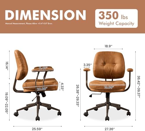 Leather Home Office Chair, Mid Back Ergonomic Desk Chair with Lumbar Support, Mid Century Modern Deep Seat Swivel Rocking Computer Chair, Brown - Image 2