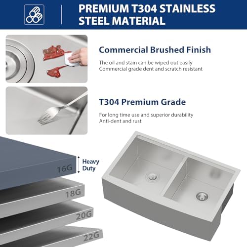 Lordear 33 Inch Stainless Steel Farmhouse Sink 16 Gauge T304 Double Bowl Kitchen Sink Workstation Apron Front Low Divide 50/50 Double Kitchen Farm Sinks 33X22X10 Inch - Image 4
