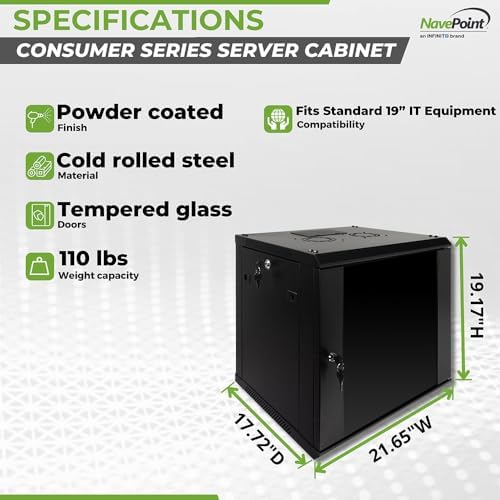 NavePoint 9U Server Rack Enclosure with Glass Door, Cooling Fan, Locks, & Removable Side Panels - 9U Wall Mount Network Cabinet 19 Inch Rack 17.7 Inches Deep - Image 4