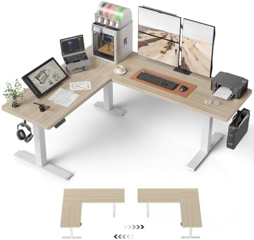 FEZIBO Triple Motors 25mm Tabletop L Shaped Standing Desk, 75" X 63" Electric Standing Gaming Desk Adjustable Height, Corner Stand up Desk with Splice Board, White Frame/Light Walnut Top by FEZIBO