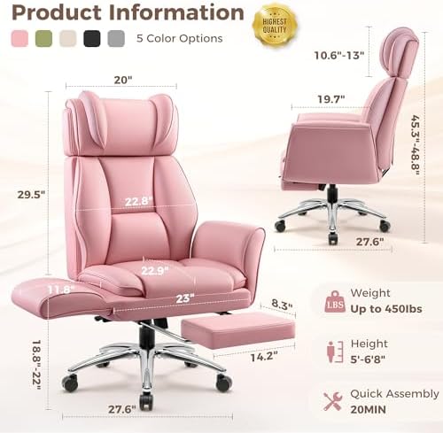 Big and Tall Office Chair, Flip Armrests for Pets & Cross Legged Sitting, Ergonomic Leather Executive Desk Chair with Foot Rest, High-Back Reclining Computer Chair for Home Gaming, Peach Pink - Image 2