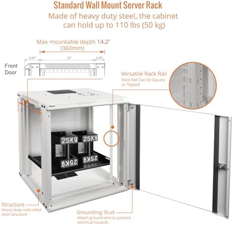 Tecmojo 12U Wall Mount Rack Network Cabinet for 19" IT Equipment,with Lockable Glass Door and Side Panels,Cooling Fan,17.7inch Depth,White - Image 4