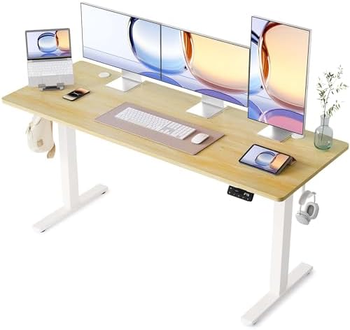 YIHAYO Electric Standing Desk, 63 x 24 Inches Stand Up Desk with Splice Board, Adjustable Height Desk, Computer Desk for Home Office, White Frame/Natural Top by YIHAYO
