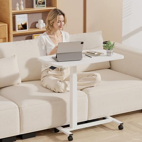 GTPLAYER Small Standing Desk with Wheels, Pneumatic Mobile Rolling Laptop Desk,Adjustable Height Overbed Bedside Table Computer Workstation for Home Office (28" W x 16" D, Ivory White) - Image 2