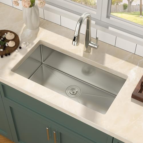 Mocoloo 30 Inch Undermount Kitchen Sink - 30" x 16" T304 Stainless Steel Handmade Single Bowl Round Corner Under Counter 9" Deep Basin - Image 3