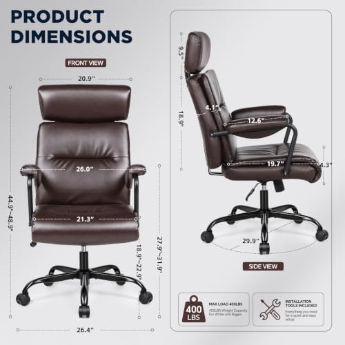 Executive Office Chair Ergonomic, Leather Desk Chair Comfy High Back, Brown - Image 2
