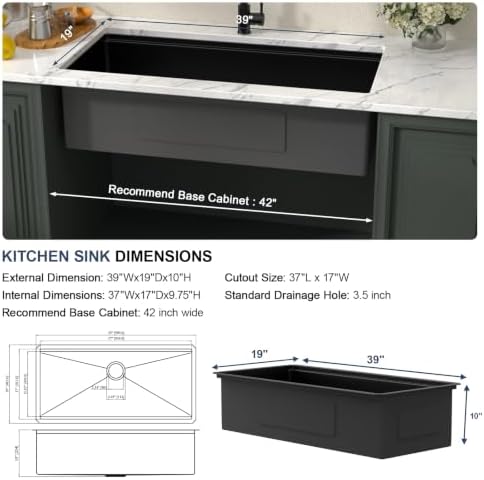 Lordear 39 Inch Black Undermount Kitchen Sink Workstation SUS304 16 Gauge - Image 5