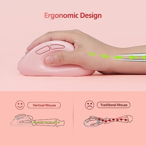 Micropack Wireless Bluetooth Mouse Ergonomic Vertical for Laptop MacBook PC Tablet Rechargeable Silent Click Multi-Device 3-Mode 2.4G Adjustable DPI Compatible with Windows Android iOS MacOS Pink - Image 3