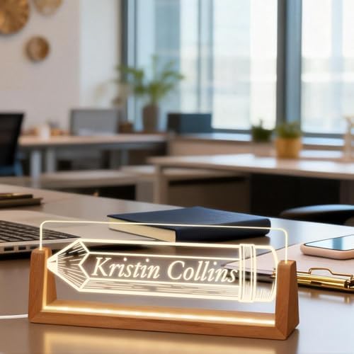 Personalized Light Up Acrylic Desk Name Plate - Custom Name Plate for Desk with Walnut Wood Base - Appreciation Office Gifts for Employees, Teacher, Social Worker (Pencil) - Image 2