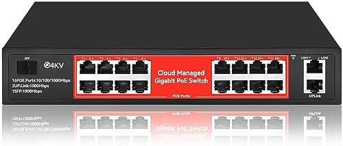 STEAMEMO 16 Port Gigabit PoE Switch, Smart Managed Gigabit Ethernet Switch, 16 PoE+ Ports@240W, Plug and Play, Vlan, Fanless, Desktop or Rackmount, Overload Protection w/ Port by STEAMEMO