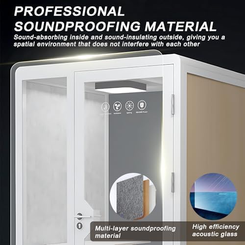 Office Pod Booth with Audio Privacy - Removable Sound Booth Includes White with Wood Grain Side Trim,Soundproof Room with Light,Fans, Socket for Singing Room,Telephone Booth (51.18IN) - Image 4