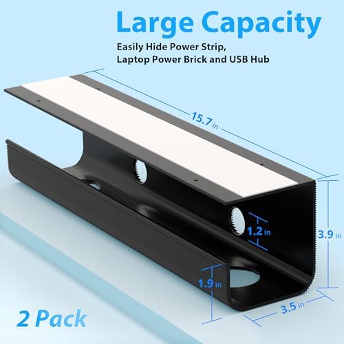 ZhiYo 2 Pack Large Capacity Cable Management Tray 31.5in (2xL15.7in), Thick PVC Under Desk Cable Tray Kit with 4 Cable Clips & 5 Ties, Standing Cord Management Desk Organizer for Office or Home, Black - Image 3
