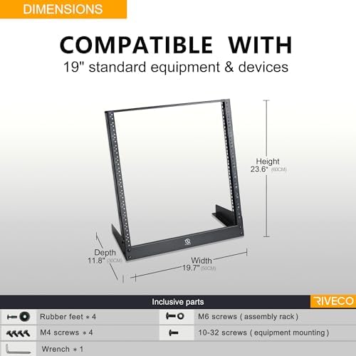 RIVECO 12U Desktop Rack for Audio & Network Devices 19 Inch 2 Post Open Frame Shelf with Reinforced Beam, Free Standing Racks for IT Server Sound AV Music Recording Equipment - Image 3