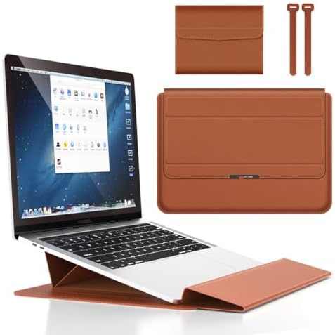 4 in 1 Ergonomic Workstation Set - Foldable Laptop Sleeve and Stand, Premium Leather Portable Computer Riser for 11-17 Inch Laptops, Waterproof Travel Organizer with Cooling Design (Brown,16-17") by Krisuary