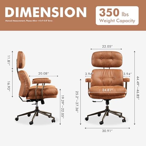 Brown Leather Home Office Chair, Ergonomic High Back Executive Chair with Deep Seat Thick Cushion, Mid Century Modern Big and Tall Computer Desk Chair with Lumbar Support (Light Brown Suede) - Image 2