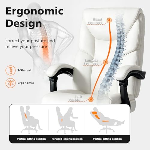 WAILOR 400lbs Office Chair with Foot Rest, Reclining Big and Tall Office Chair with Lumbar Support, High Back PU Leather Computer Chair,Comfy Desk Chair for Home Office (Casual) (White) - Image 4