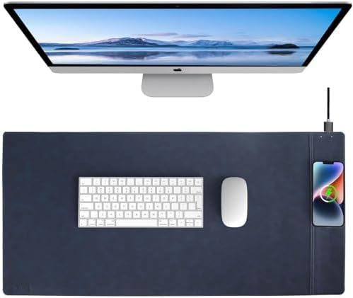 Magnetic Wireless Charging Desk Pad, Office Desk Mat with Wireless Charger, Waterproof and Scratch-Resistant Large Mouse Mat, Microfiber Leather Mouse Pad for Office and Home Use, Blue Color by Hi-HONX