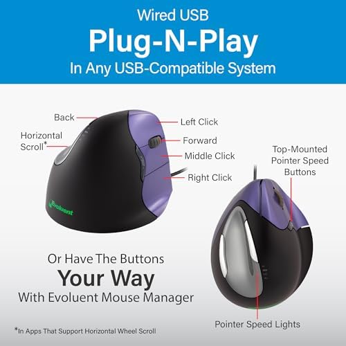 Evoluent – Inventor of The Vertical Mouse – VM4S Ergonomic Vertical Mouse Right Hand Small Wired USB, Sculpted for Comfort, Reduces Wrist Strain, 4 Speeds, 6 Customizable Buttons in Windows - Image 5