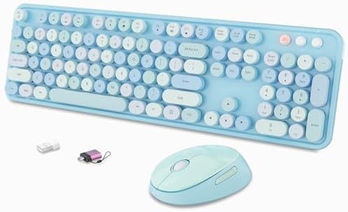 Wireless Keyboard and Mouse Combo, Ergonomic Full Size Typewriter Retro Round Keycaps Keyboard, Compatible with Windows, PC, Perfer for Home and Office Keyboards (Blue by SkyGive